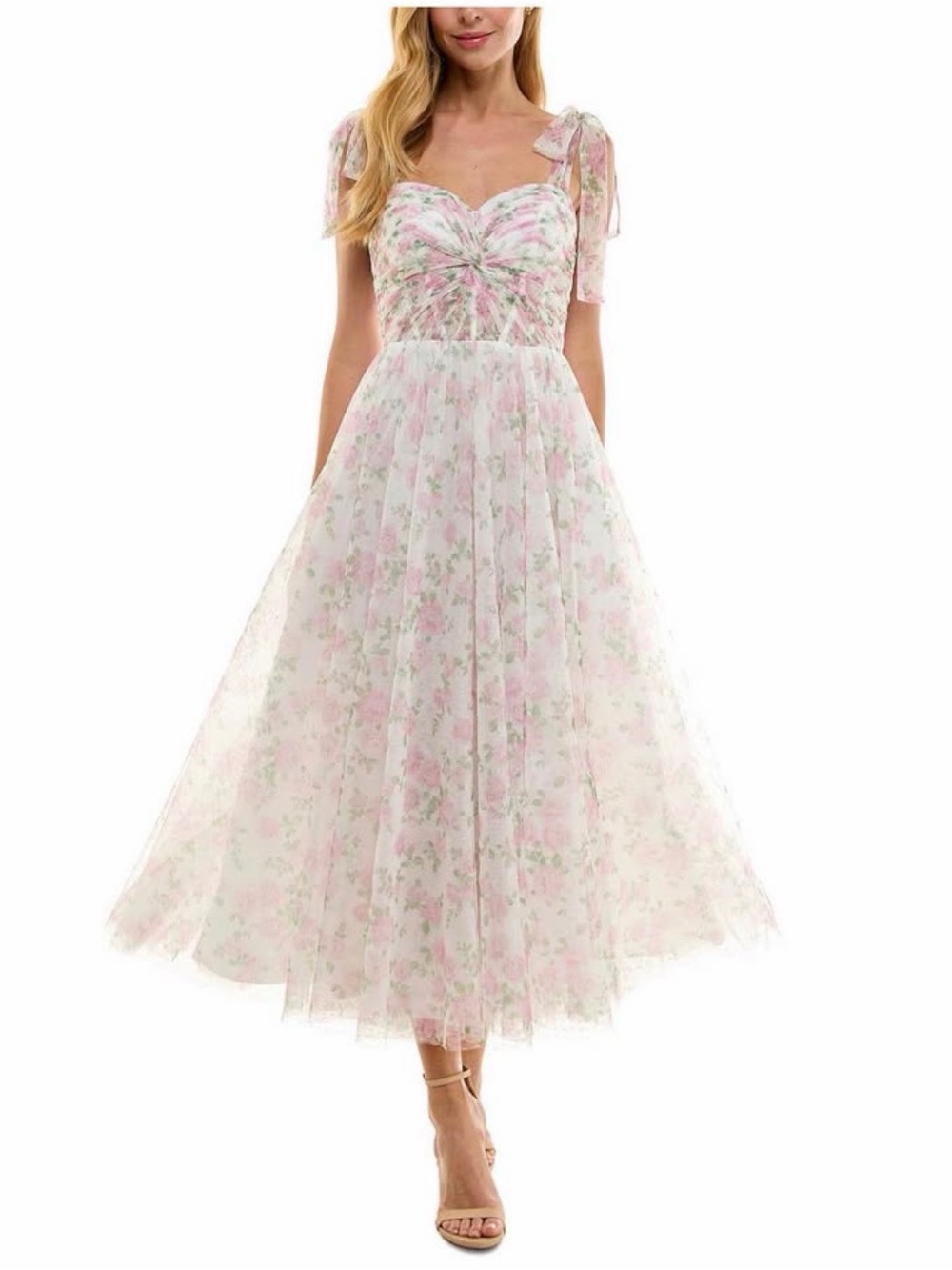 Seni & Cade pink floral midi dress with ruched bodice and tulle skirt